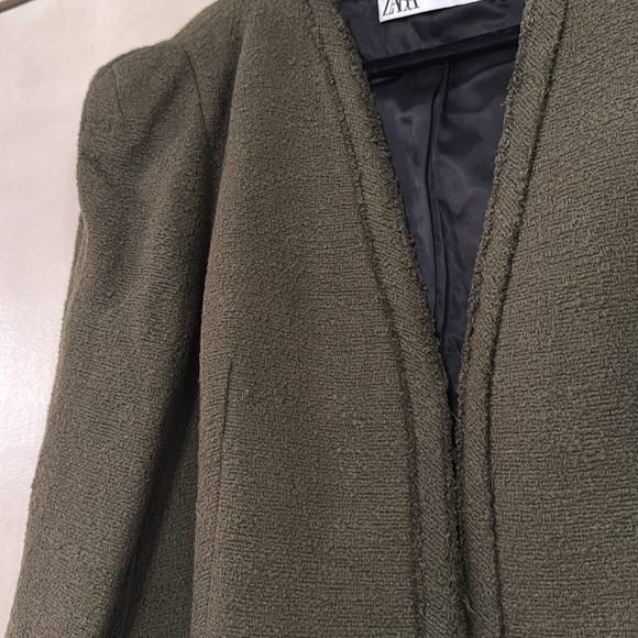 ZARA army green NEW tweed cropped blazer w/ shoulder pads & gold buttons-Sz.XXL - Picture 8 of 14